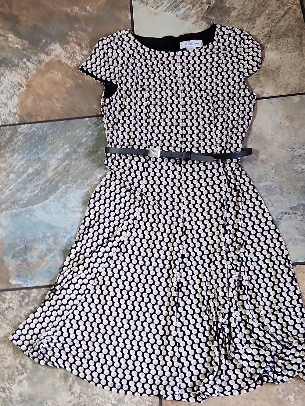 Cap-Sleeve Polka Dot Midi Dress with Slim Belt - Black & Cream
